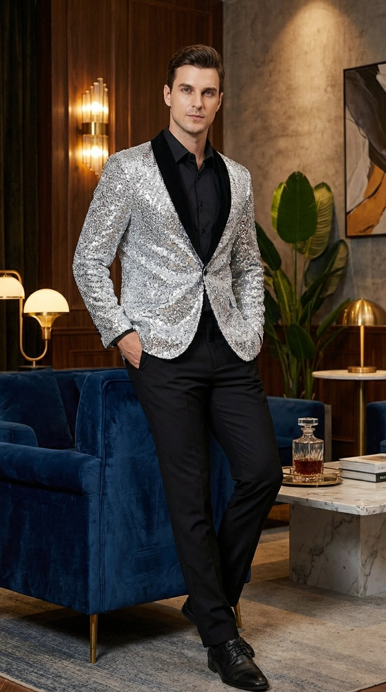 Men’s Silver Sequin Blazer Disco Style Jacket – Black Lapel Party Blazer, Shiny Evening Wear, 70s Dance Outfit, Formal Event Jacket - 34 Short