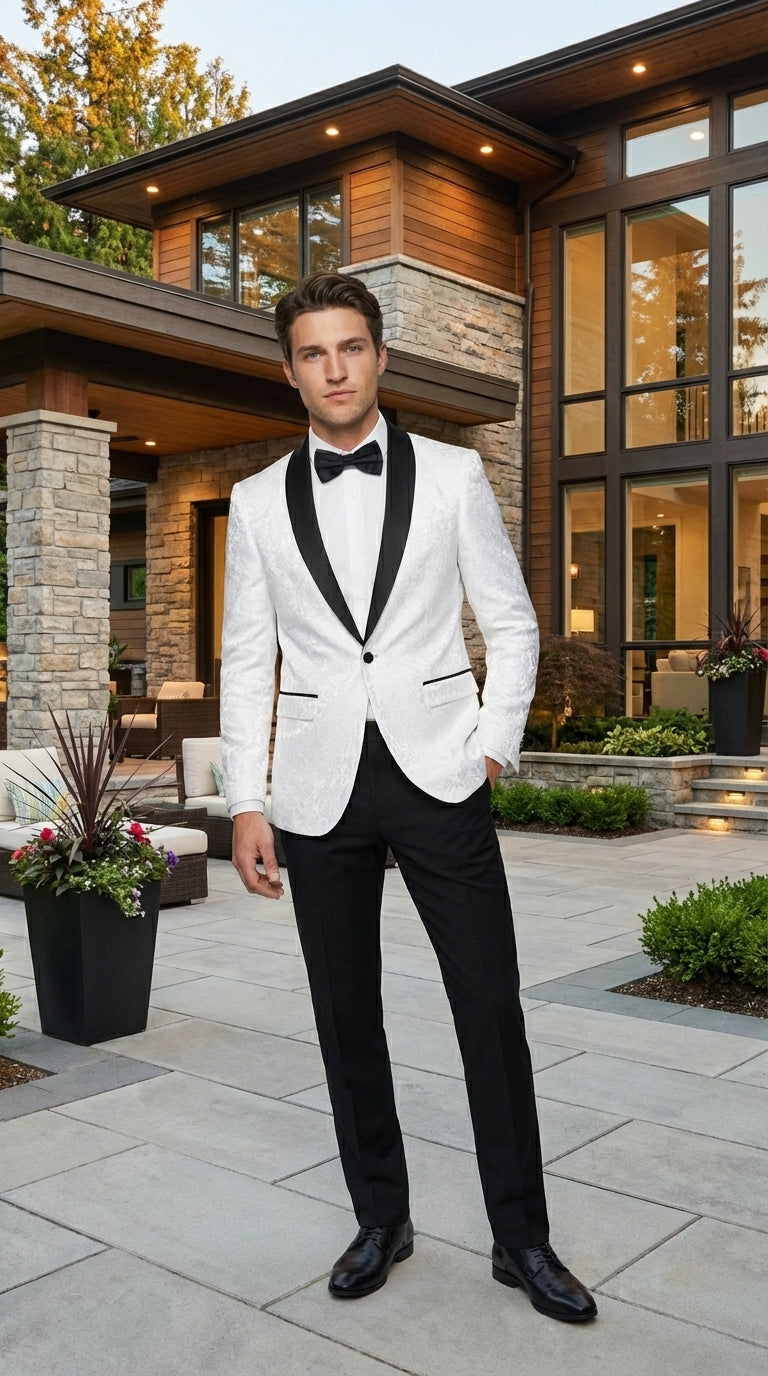 Men’s White Dinner Jacket Disco Blazer 1980s Sequin Style Jacket – Black Lapel Party Blazer, Formal Masquerade Club Wear Paisley Fabric + Bowtie - 34 Short