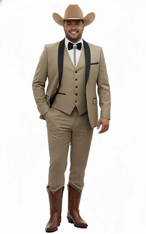 Mens Western Cowboy Suit 3-Piece Tan Tuxedo with Black Lapel, Vest, and Pants Beige  Color