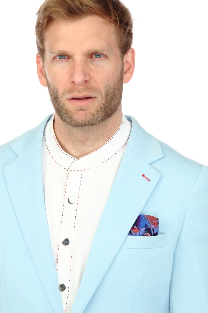 Cotton Suit - Summer Stretch Fabric - Mens Cotton-Stretch Fashion Suit Sky S9010 - 34 Short or Extra Small