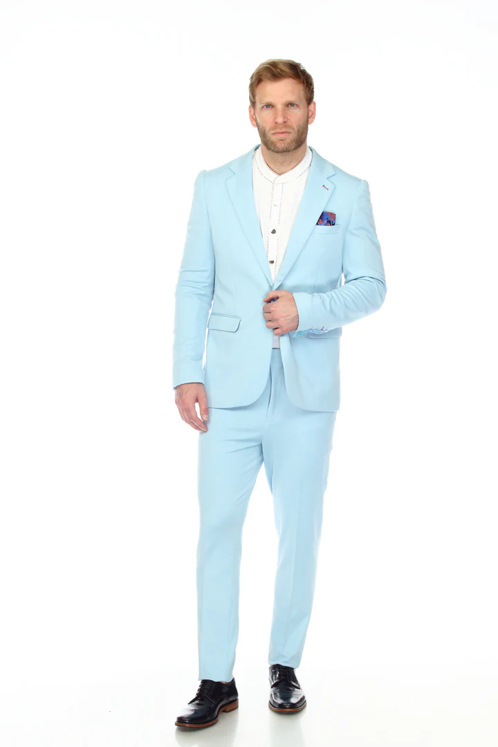 Cotton Suit - Summer Stretch Fabric - Mens Cotton-Stretch Fashion Suit Sky S9010 - 34 Short or Extra Small
