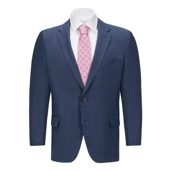 Men's Blue Plaid Portly Fit Suit Separate Jacket – Classic Wool Blend Blazer - 34 Short or Extra Small