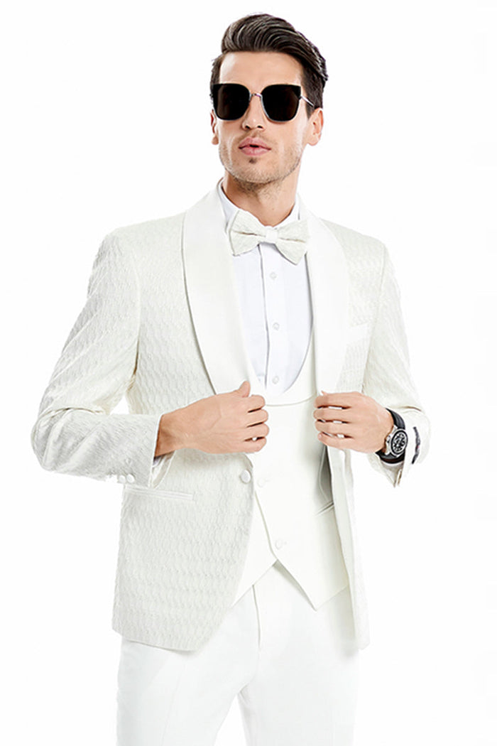 "Ivory Men's Wedding & Prom 2026 Tuxedo - One Button Vested Honeycomb Lace Design"