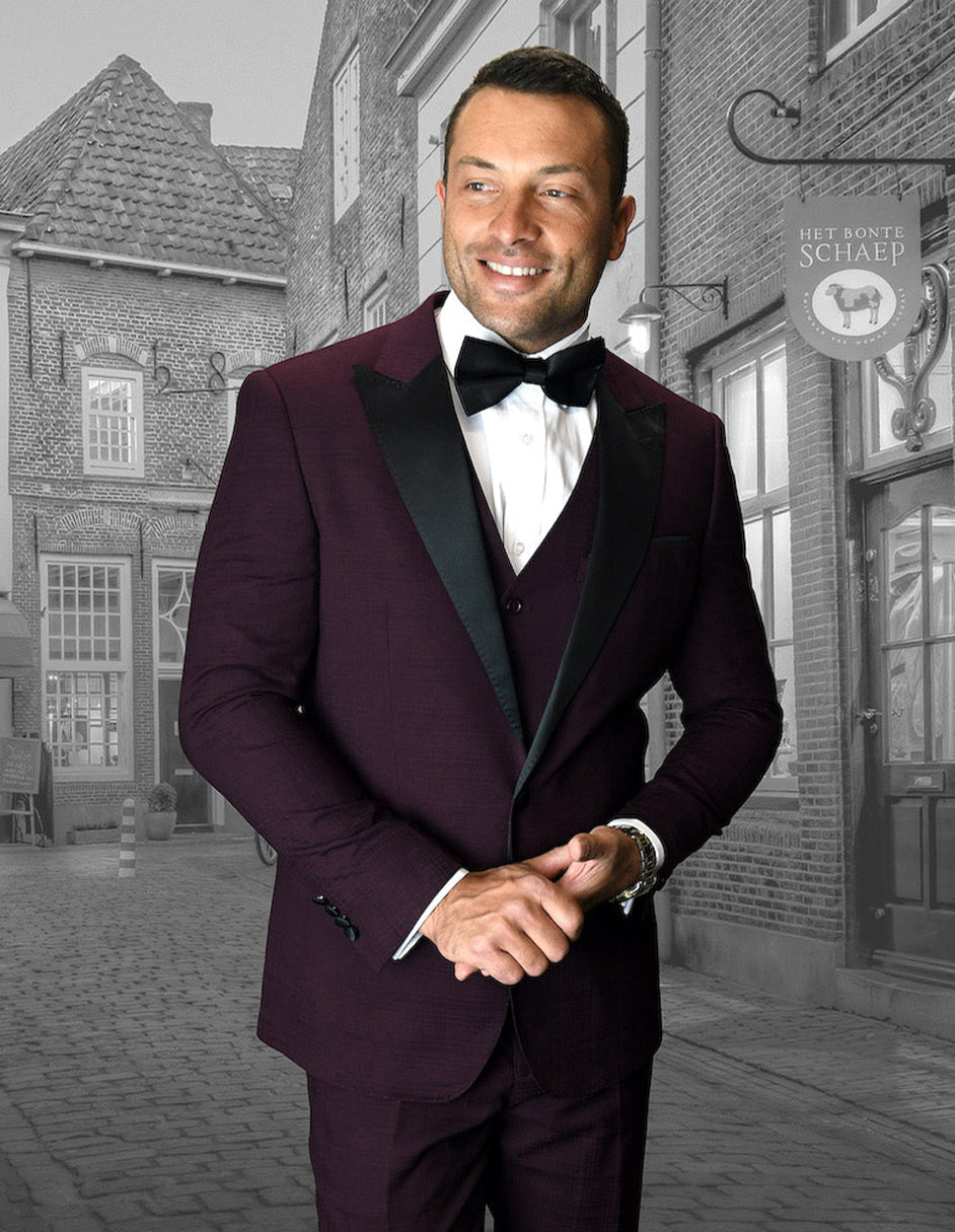Mens Vested Wide Peak Lapel Prom Tuxedo in Burgundy - 44 Long
