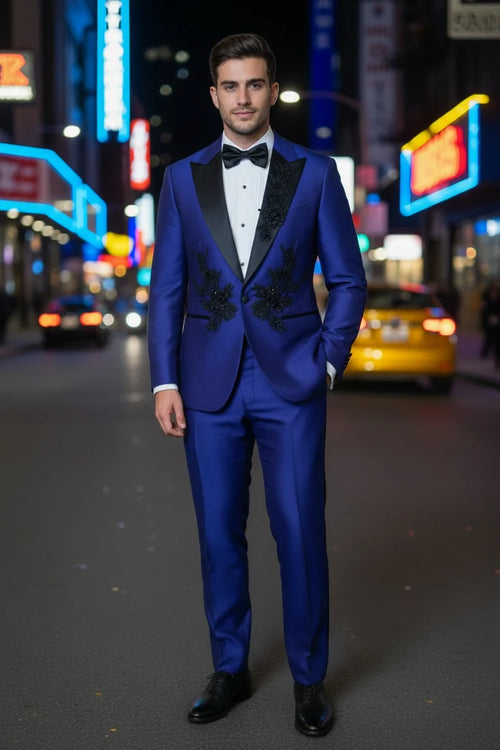 Men’s Parini Royal Blue Embellished Suit – Modern Fit Peak Lapel Prom & Formal Suit