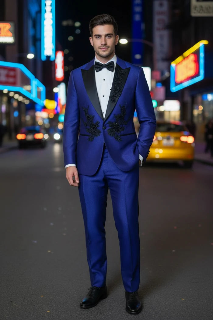Men’s Parini Royal Blue Embellished Suit – Modern Fit Peak Lapel Prom & Formal Suit - 34 Short or Extra Small
