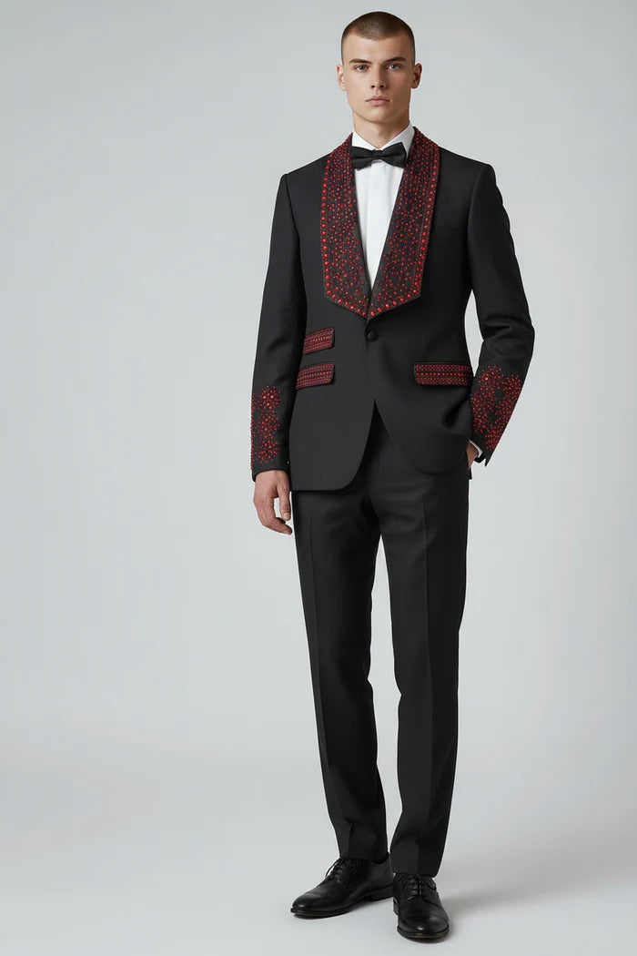 Men’s Bella Embellished Black & Royal Blue Tuxedo – 3 Piece Formal Suit with Shawl Lapel, Vest & Matching Pants - 34 Short or Extra Small