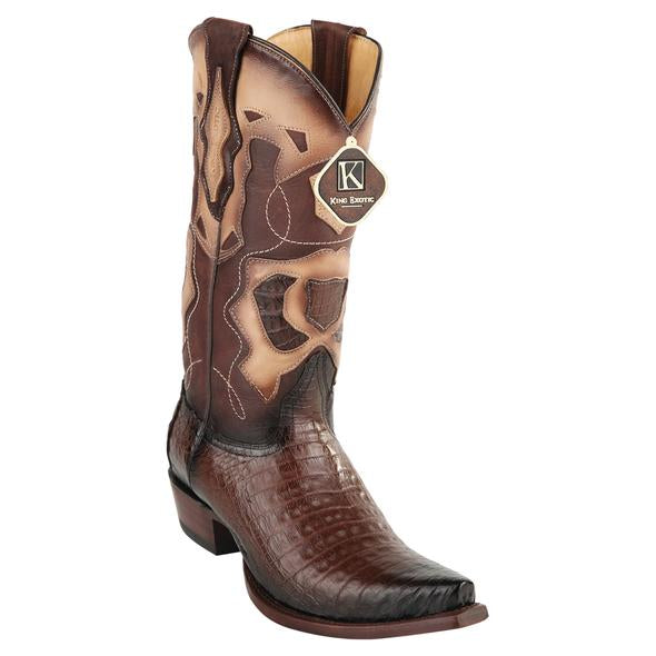 Men's King Exotic Snip Toe Caiman Belly Boots Handcrafted Burnished Brown (494RD8216) - 6