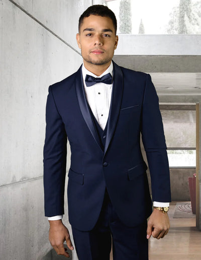 Mens Navy Blue Wedding Tuxedo - Dark Blue Tuxedo Suit" Mens Wool One Button Modern Fit Vested Shawl Prom 2026 Tuxedo in Navy
