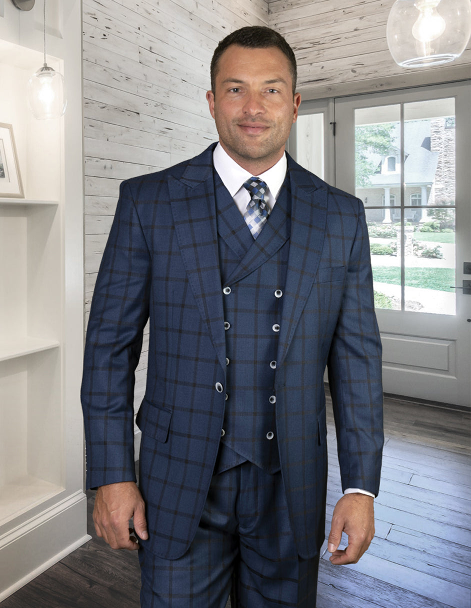 Mens Classic Fit One Button Peak Lapel Suit with Double Breasted Vest in Indigo Blue Plaid - 38 Regular