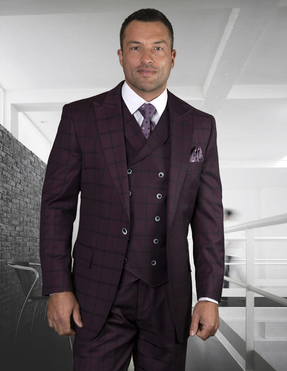 Mens Classic Fit One Button Peak Lapel Suit with Double Breasted Vest in Burgundy Plaid - 42 Regular