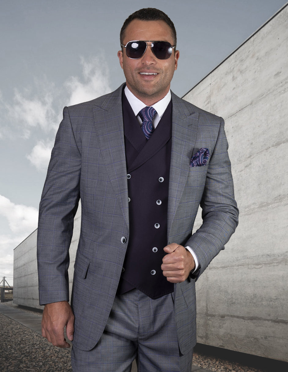 Mens Classic Pleated Pant One Button Peak Lapel Suit in Blue - 38 Regular