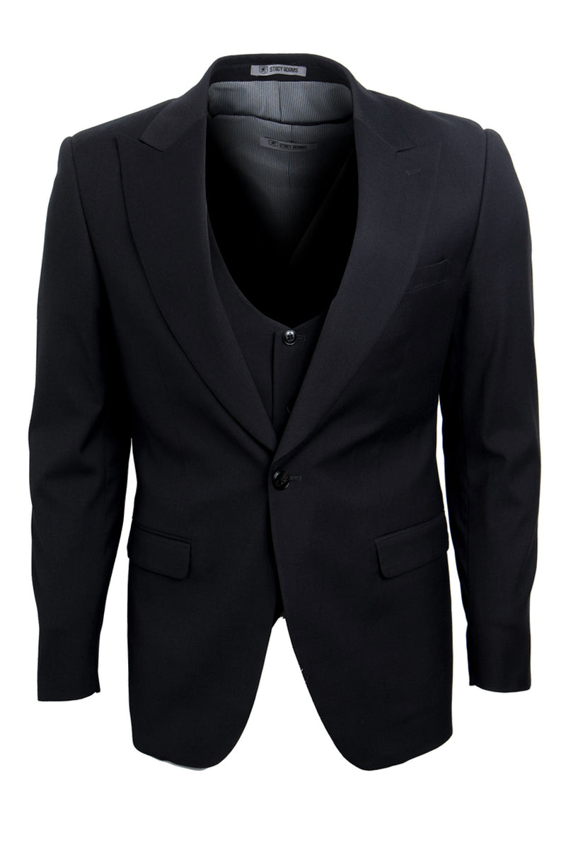 "Stacy Adams Suit Men's Black Suit - One Button Peak Lapel with Vest"