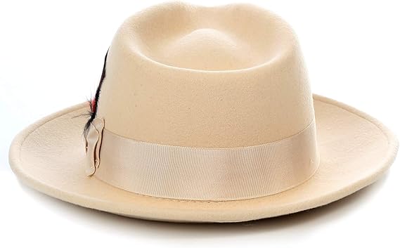 Gangster 100% Australian Wool Crushable Mens Fedora Hat - Removable Feather Gangster  Tan Mens Fedora Hat - Small