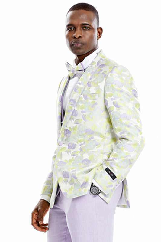 "Lilac Men's Floral Print Wedding Tuxedo Suit - One Button Vested Dinner Jacket"