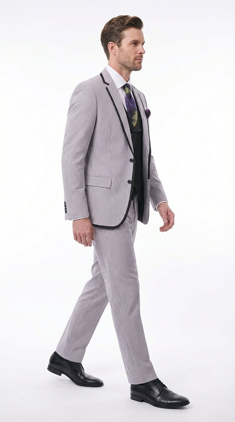Mens Black and White Pinstripe Wedding Tuxedo Suit – Three Piece Formal Suit Set with Contrast Trim for Groom, Prom - Seersucker Summer Suit - 34 Short or Extra Small