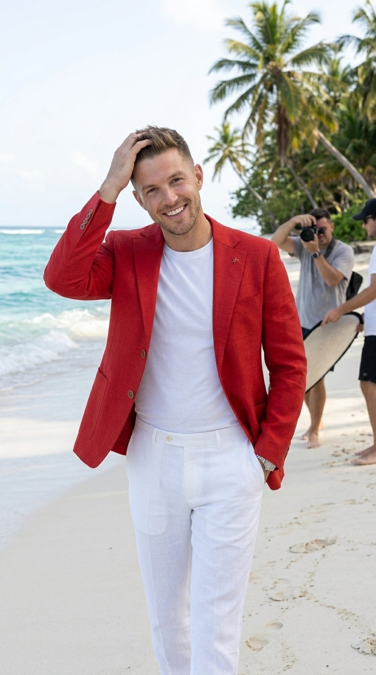 Men’s Red Linen Blazer, Lightweight Business Casual Wedding Sport Coat Jacket - 36 Short