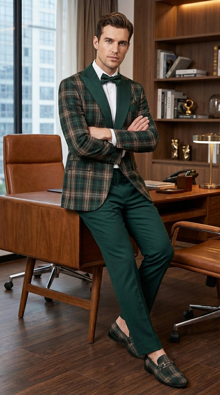 Mens Tartan Green and Brown Blue Plaid Tuxedo Dinner Jacket Set – Checkered Prom Blazer with Dark Green Pants Formal Wedding Party Wear - 36 Short