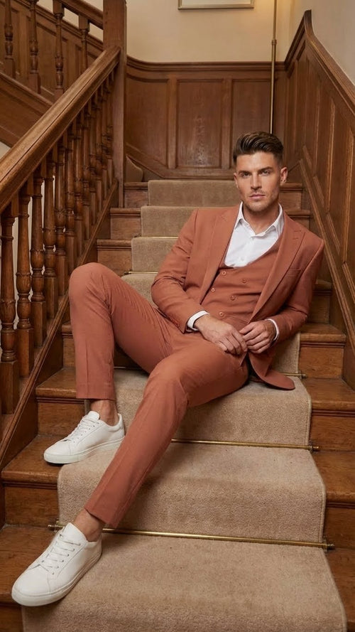 Mens Light Rust - Peach Color - Salmon Color  3 Piece Suit Set with Vest, Classic Formal Wedding Prom Business Dress Suit