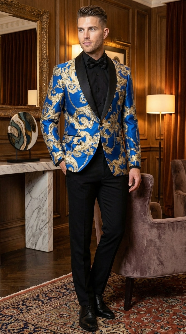 Men’s Royal Blue and Gold Blazer Jacket – Luxury Floral Pattern Tuxedo Blazer, Formal Party Wedding Dinner Jacket, Stylish Evening Wear - 36 Short