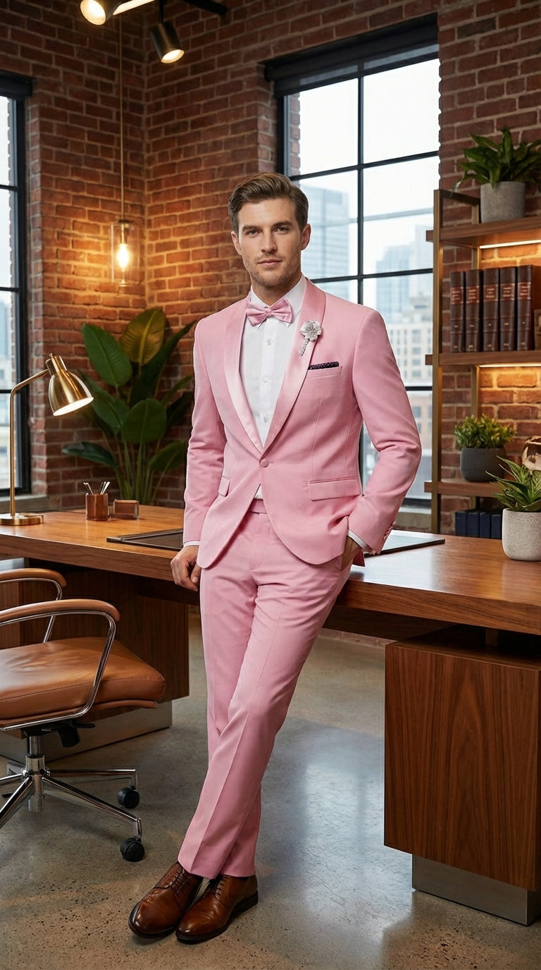 Mens Dusty Rose Pink Summer Tuxedo – Satin Shawl Lapel Formal Wedding Prom Suit - 34 Short or Extra Small
