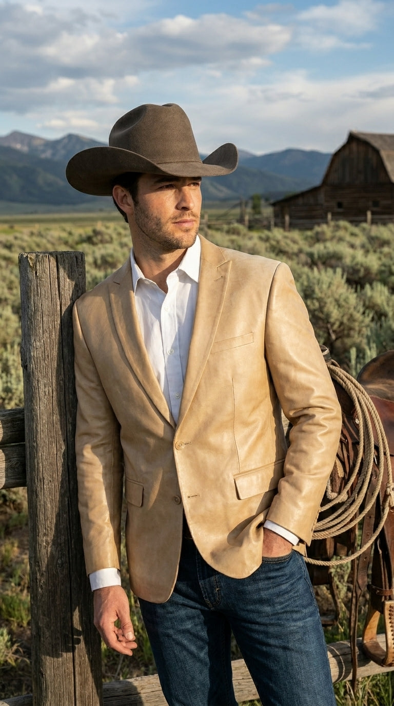 Men’s Champagne Gold Western Blazer, Formal Cowboy Wedding Ranch Sport Coat Jacket tan beige color sheen sharkskin fabric - 36 Short