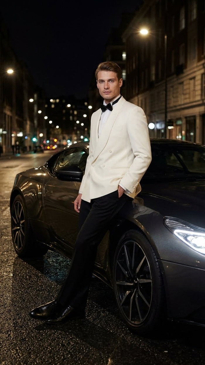 Mens Ivory Double-Breasted Shawl Lapel Tuxedo Jacket | Premium Formal Dinner Jacket for Weddings and Black-Tie Events