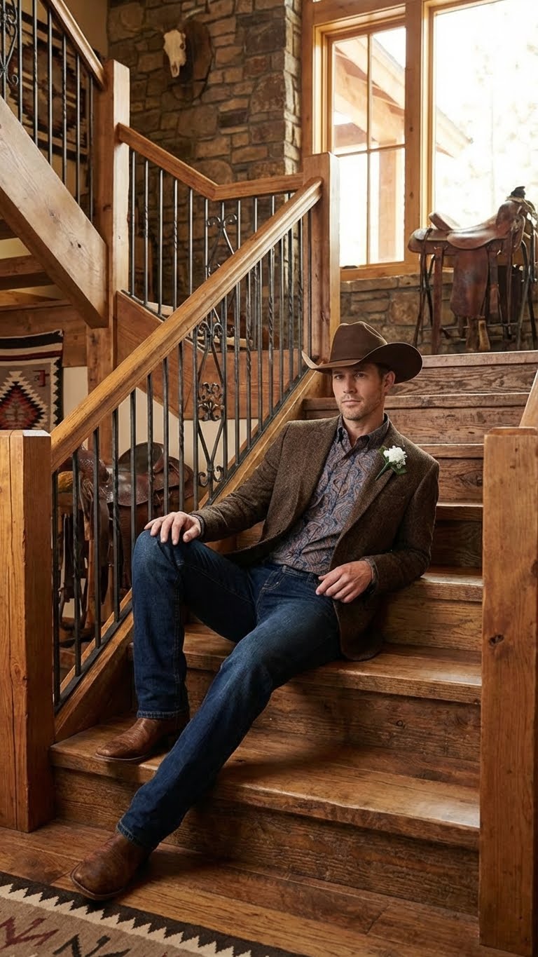 Mens Brown Western Tweed Herringbone Blazer Jacket  Classic Cowboy Style Sport Coat for Wedding Party