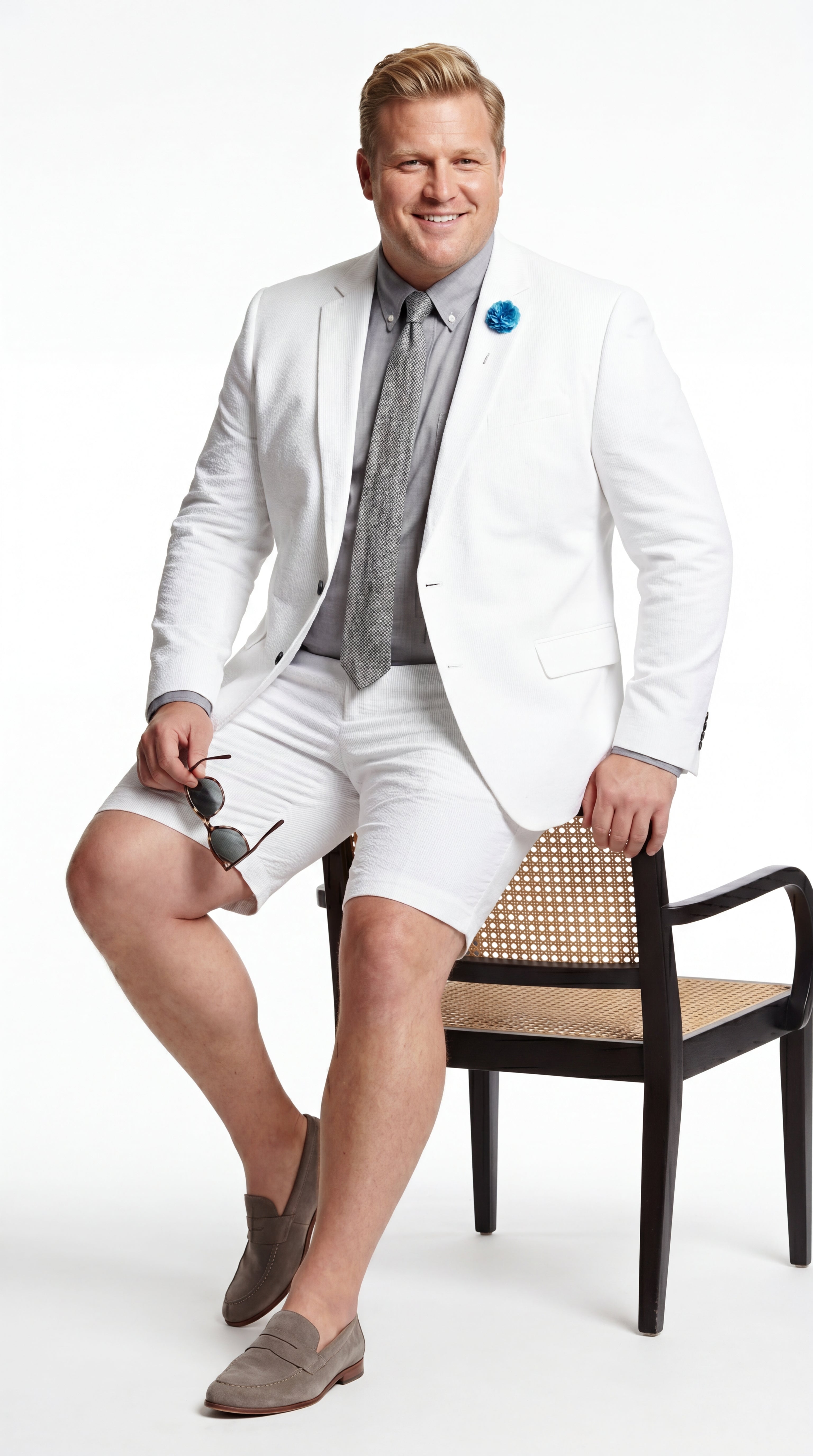 Men’s Cotton Fabric White 2 Piece Summer Suit with Shorts, Casual Beach Wedding and Resort Formal Outfit - 34 Short or Extra Small