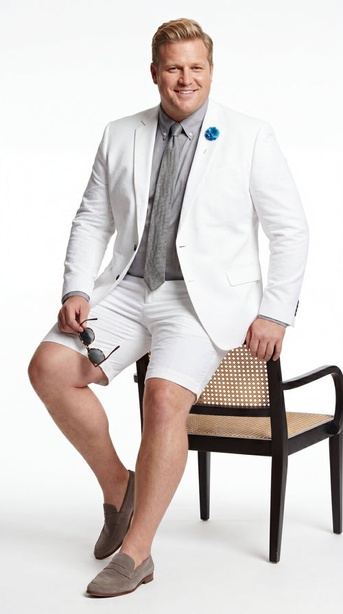 Men’s Cotton Fabric White 2 Piece Summer Suit with Shorts, Casual Beach Wedding and Resort Formal Outfit