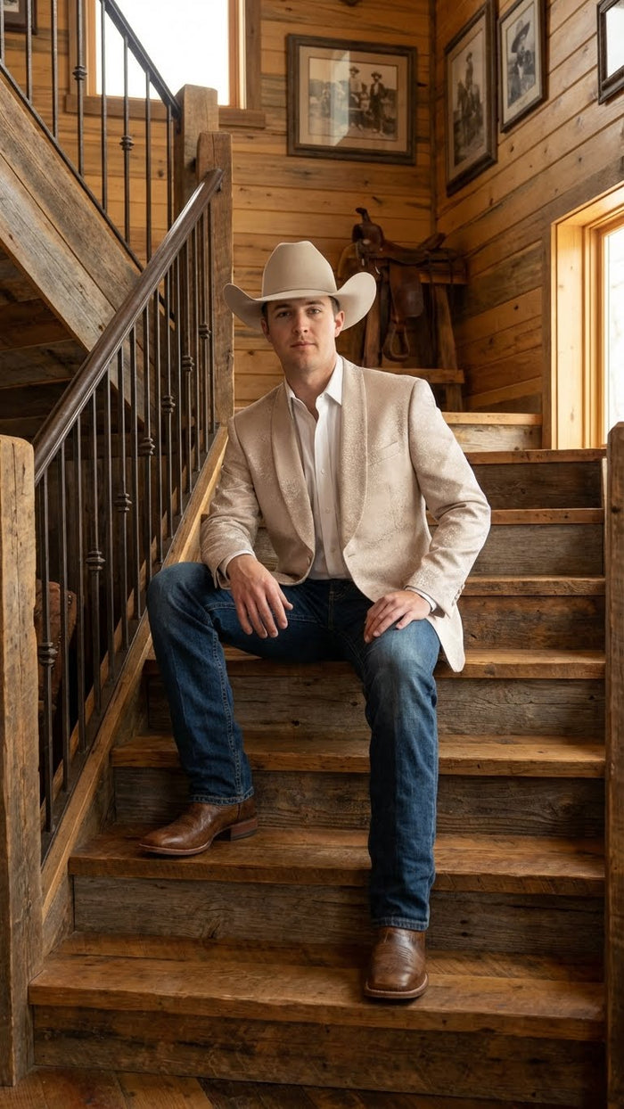 Mens Tan Khaki Beige Cream Champaign Paisley Western Blazer Jacket, Embossed Dress Sport Coat for Wedding Party Rodeo Style