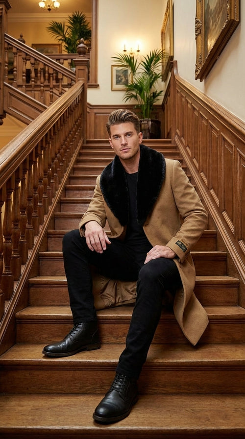 Mens Camel Tan Long Overcoat with Black Faux Fur Collar - Wool Topcoat Three if not Full length