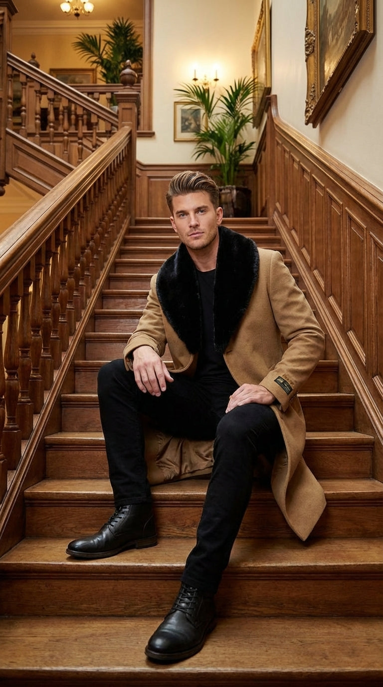 Mens Camel Tan Long Overcoat with Black Faux Fur Collar - Wool Topcoat Three if not Full length - Three Quarter