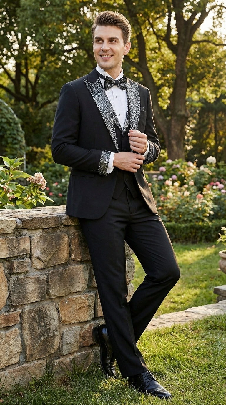 Mens Black and White Lapel Tuxedo Suit – Black Formal Tuxedo with White Pattern Lapel for Wedding, Prom and Evening Events - 34 Short or Extra Small