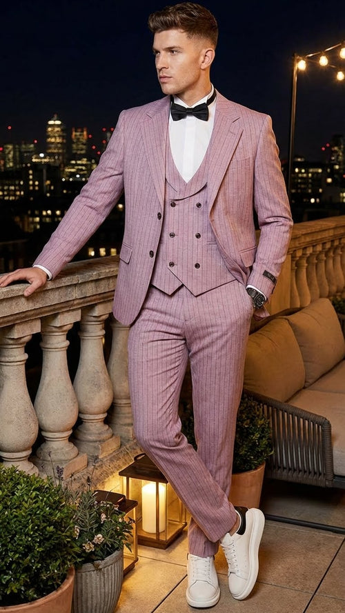 Mens Dusty Rose Pink Pinstripe Three Piece Suit with Vest | Wedding and Party Formal Wear Prom or Church Suit