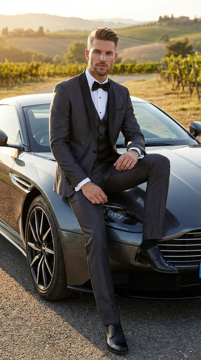 Mes Shiny Sateen Charcoal Gray Tuxedo 3 Piece Suit with Black Shawl Lapel | Formal Wedding Prom Suit Sharkskin