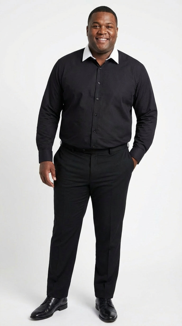 Men’s Black Dress Shirt with White Contrast Collar | French Cuff Cotton Poplin Formal Button-Up Shirt - 15.5" Neck / 35" Sleeve