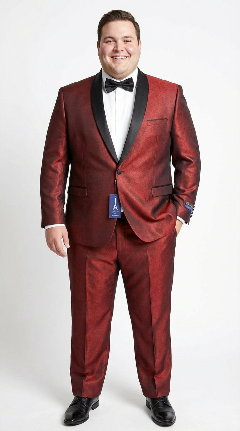 Mens Shiny Burgundy Satin Tuxedo Jacket with Black Shawl Lapel | Formal Wedding & Prom Blazer - Sharkskin Fabric - 34 Short or Extra Small