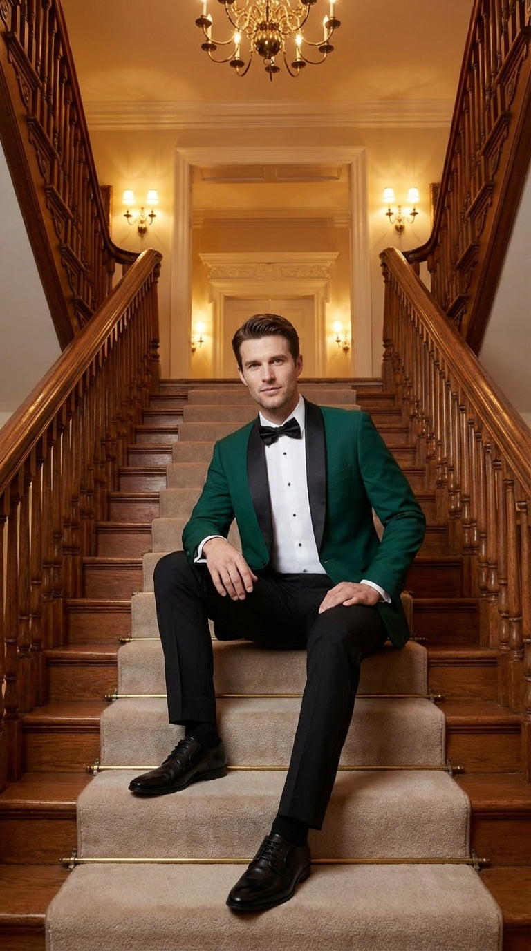 Mens Emerald Green Tuxedo Jacket with Black Satin Shawl Lapel | Prom Dinner Blazer