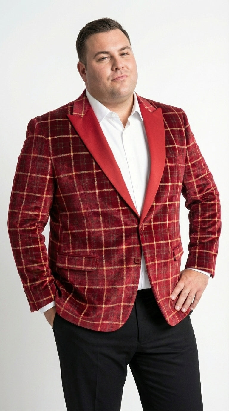 Mens Red Burgundy Plaid Blazer with Contrast Lapel – Velvet Fabric Check Prom Blazer Jacket for Party, Christmas New Year Holiday Jacket - 36 Short