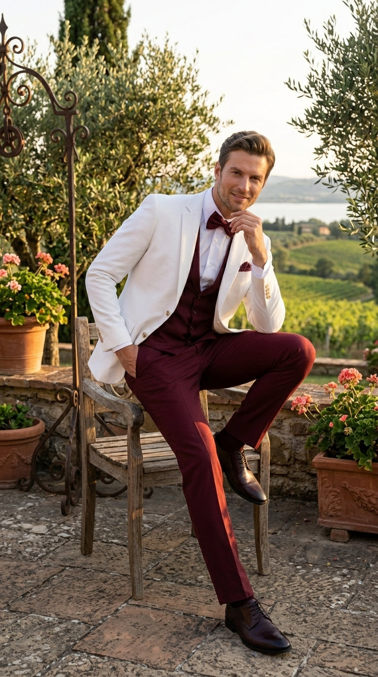 Men’s White and Burgundy 3 Piece Tuxedo Suit, Vested Formal Wedding Prom Dinner Suit Set bowtie included - 34 Short or Extra Small