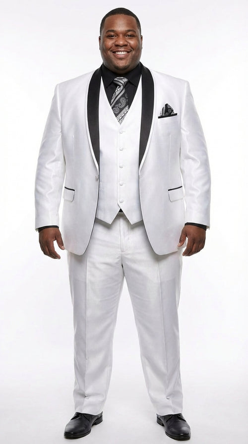 Mens White Shiny Flashy Fabric Tuxedo Suit with Black Shawl Lapel | Luxury Formal Wedding and Evening Suit Sharkskin Metallic Fabric