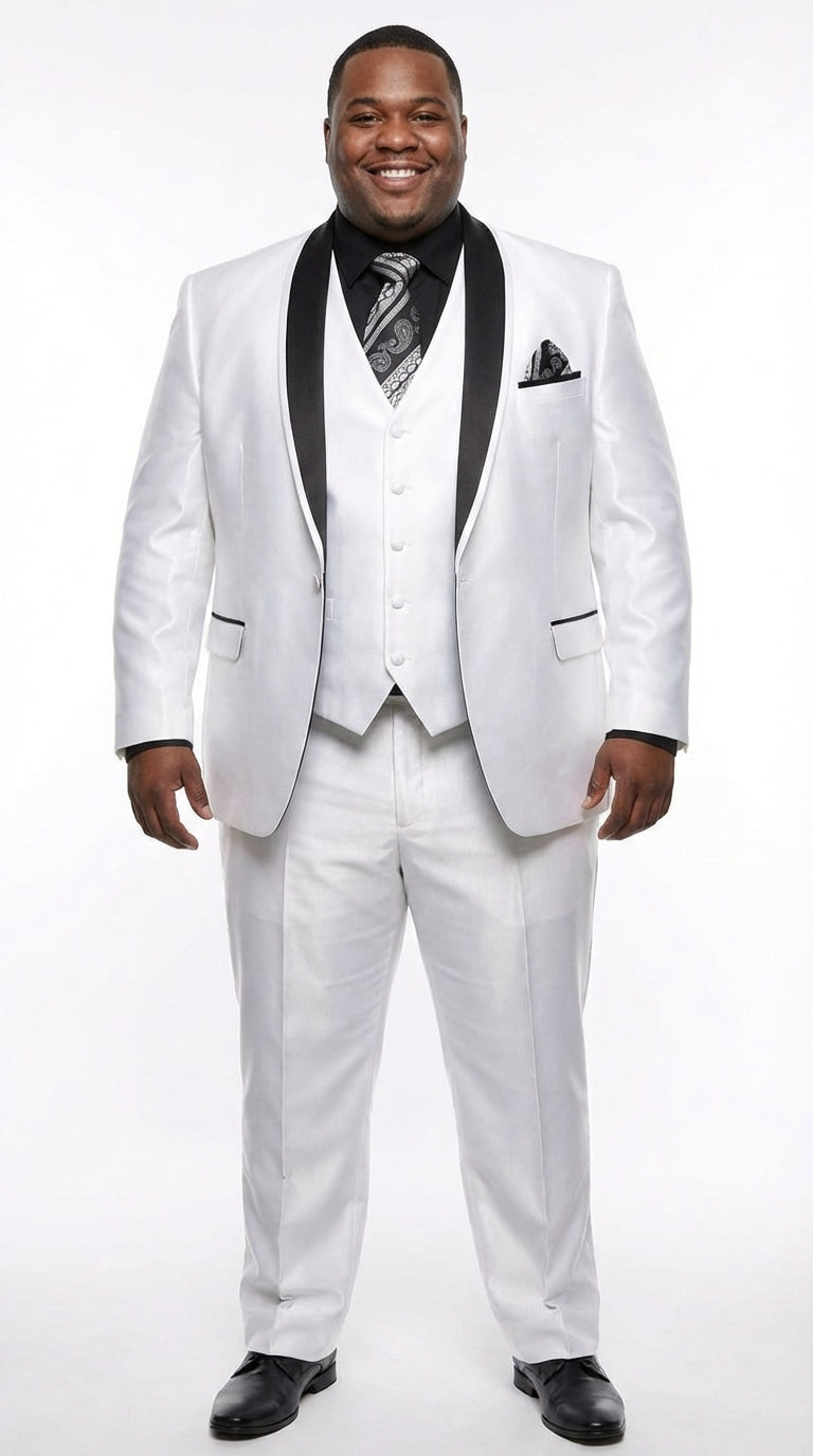 Mens White Shiny Flashy Fabric Tuxedo Suit with Black Shawl Lapel | Luxury Formal Wedding and Evening Suit Sharkskin Metallic Fabric