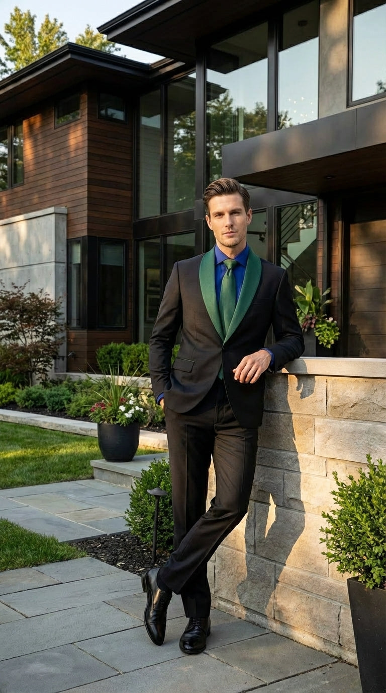 Men’s Black Suit with Hunter Green Shawl Lapel – Black and Hunter Green Formal Tuxedo Suit for Wedding, Prom With Bow Tie - 34 Short or Extra Small