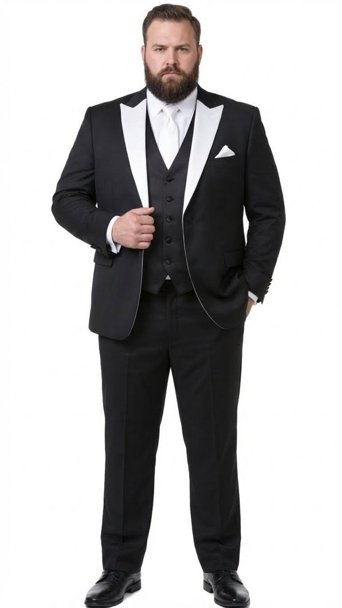Mens Black and White Lapel Prom Tuxedo Suit + Black Vest + Black Pants Peak Lapel