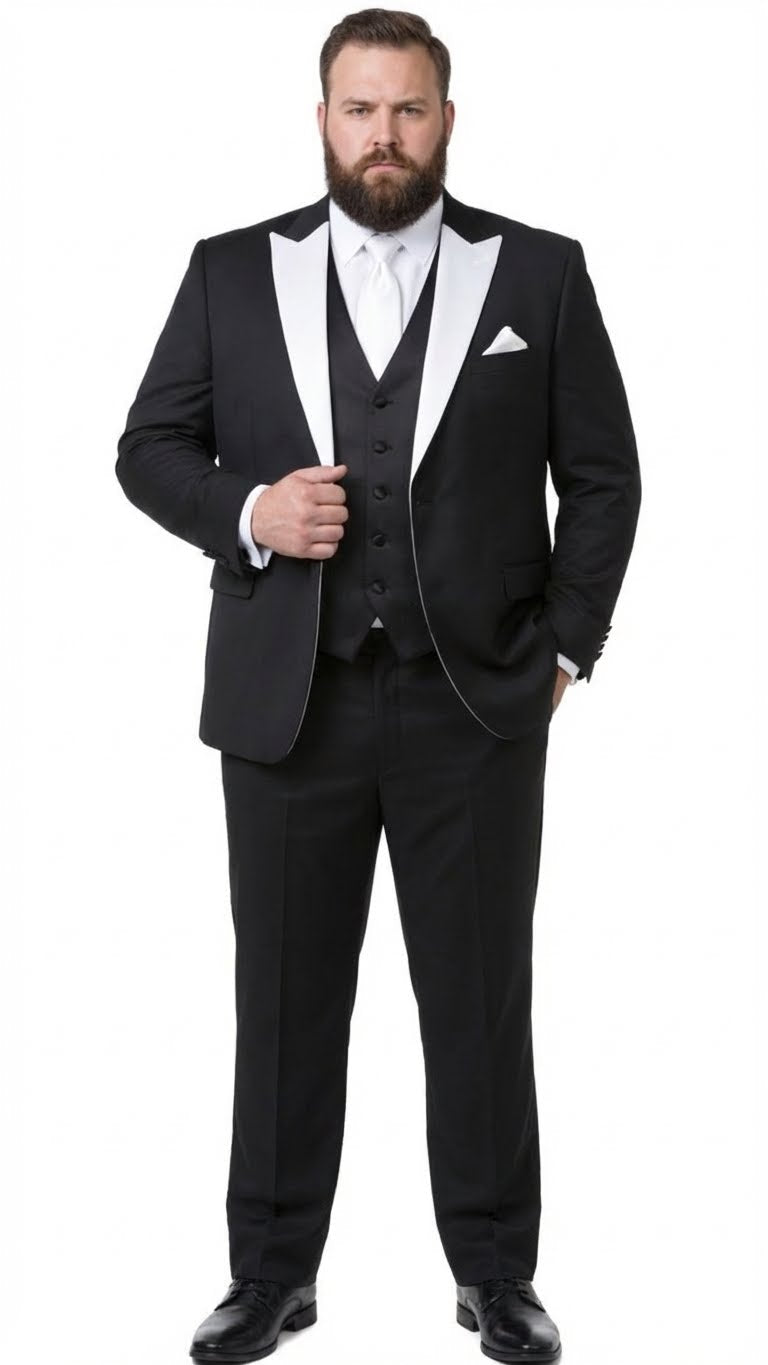 Men’s Black and White Lapel Prom Tuxedo Suit + Black Vest + Black Pants Peak Lapel - 34 Short or Extra Small
