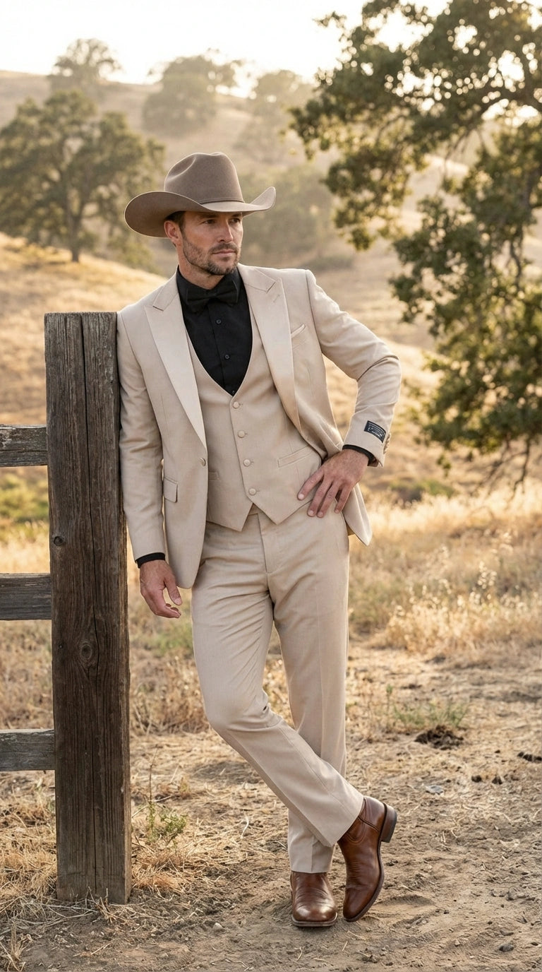 Mens Tan Cowboy Suit Western Formal Two Piece Suit for Weddings,  Champaign Sand Color - 34 Short or Extra Small