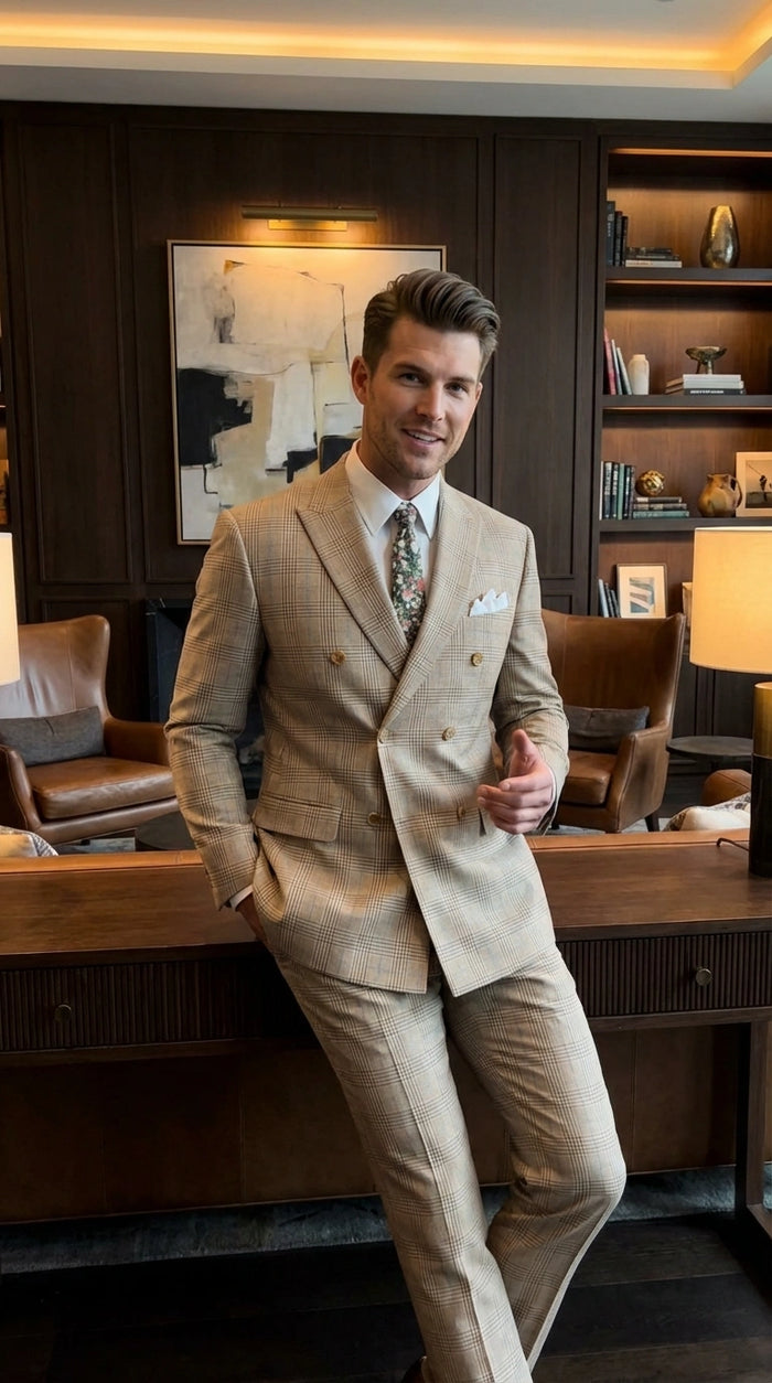 Vinci Mens Beige Plaid Double Breasted Suit Classic Checkered Formal Suit Set in Tan Color Windowpane Checkered Pattern