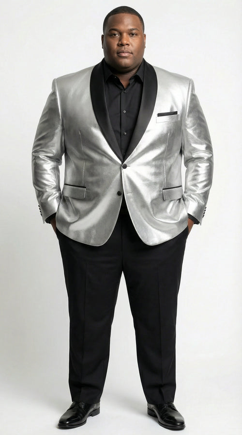 Mens Shiny Silver Blazer with Black Lapel Luxury Metallic Formal Jacket for Party, Evening and Special Events