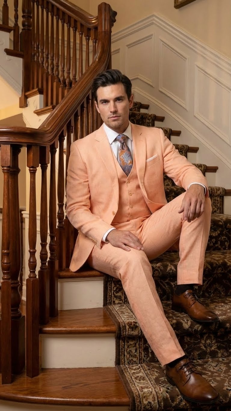 Men’s Light Peach 3 Piece Suit Set with Vest, Prom Wedding Dress Suit - 38 Short Jacket+32 Waist Adjustable 28to34)(Height: 5 4 to5 7 )(Neck  15-16.5)S-M)